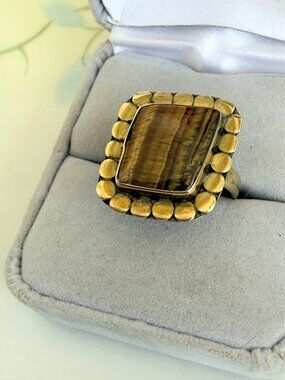 Vintage 70s Modernist ring 925 silver with gold Vermeil Tigers Eye Size 8